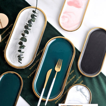 Fashionable Gold Plated Ceramic Marble Storage Trays For Kitchen Serving Dishes For Desserts Snacks Modern Kitchen Tableware