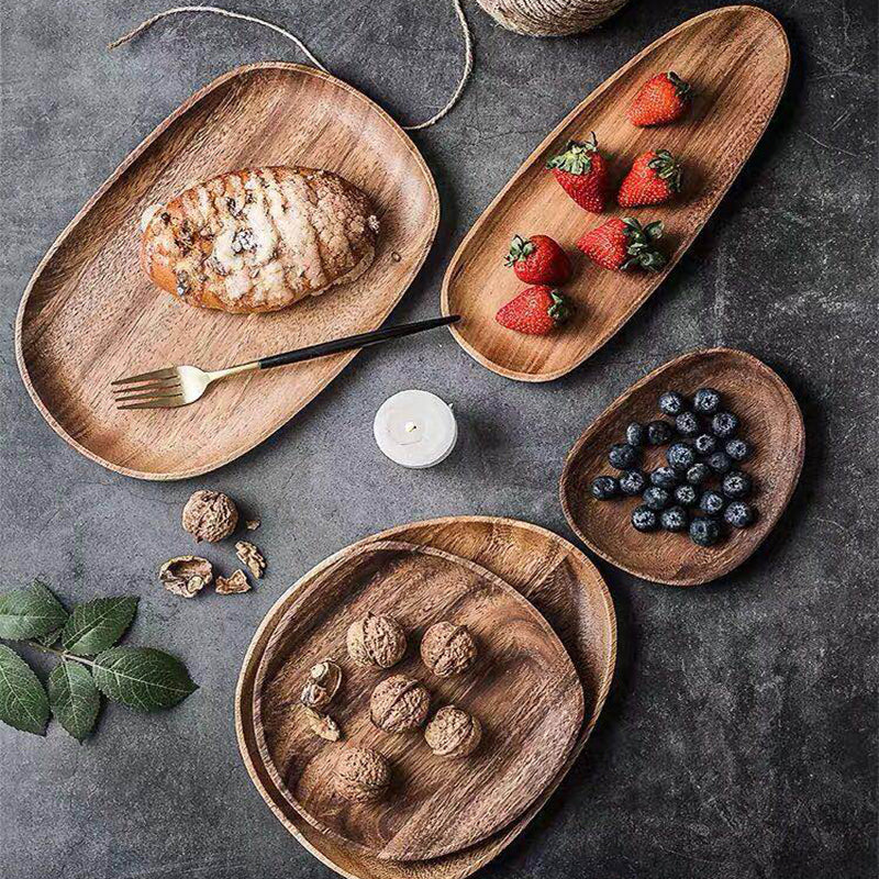 Natural Solid Wood Fruit Plates Abstract Oval Shape Dinner Dessert Wooden Tableware Cake Dish Wood Fruit Bowl Snack Trays