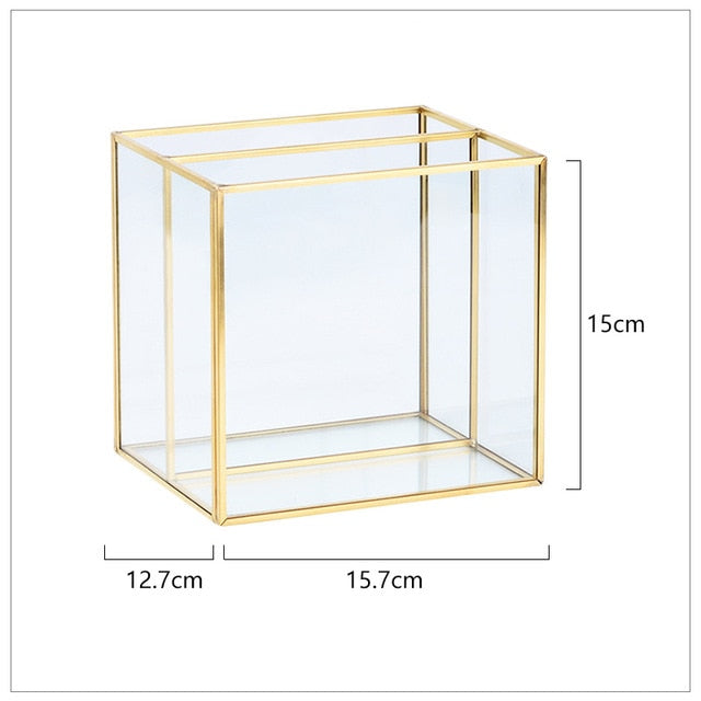 Luxury Nordic Cosmetics Makeup Storage Box Lipstick Brush Eyebrow Pencil Organizer Glass And Brass Jewelry Case For Salon Bedroom Vintage Handmade Home Decor